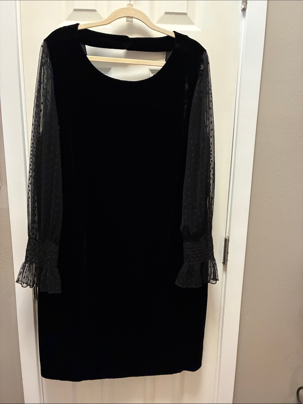 Talbots Black Velvet Shift Dress with Sheer Dot Sleeves